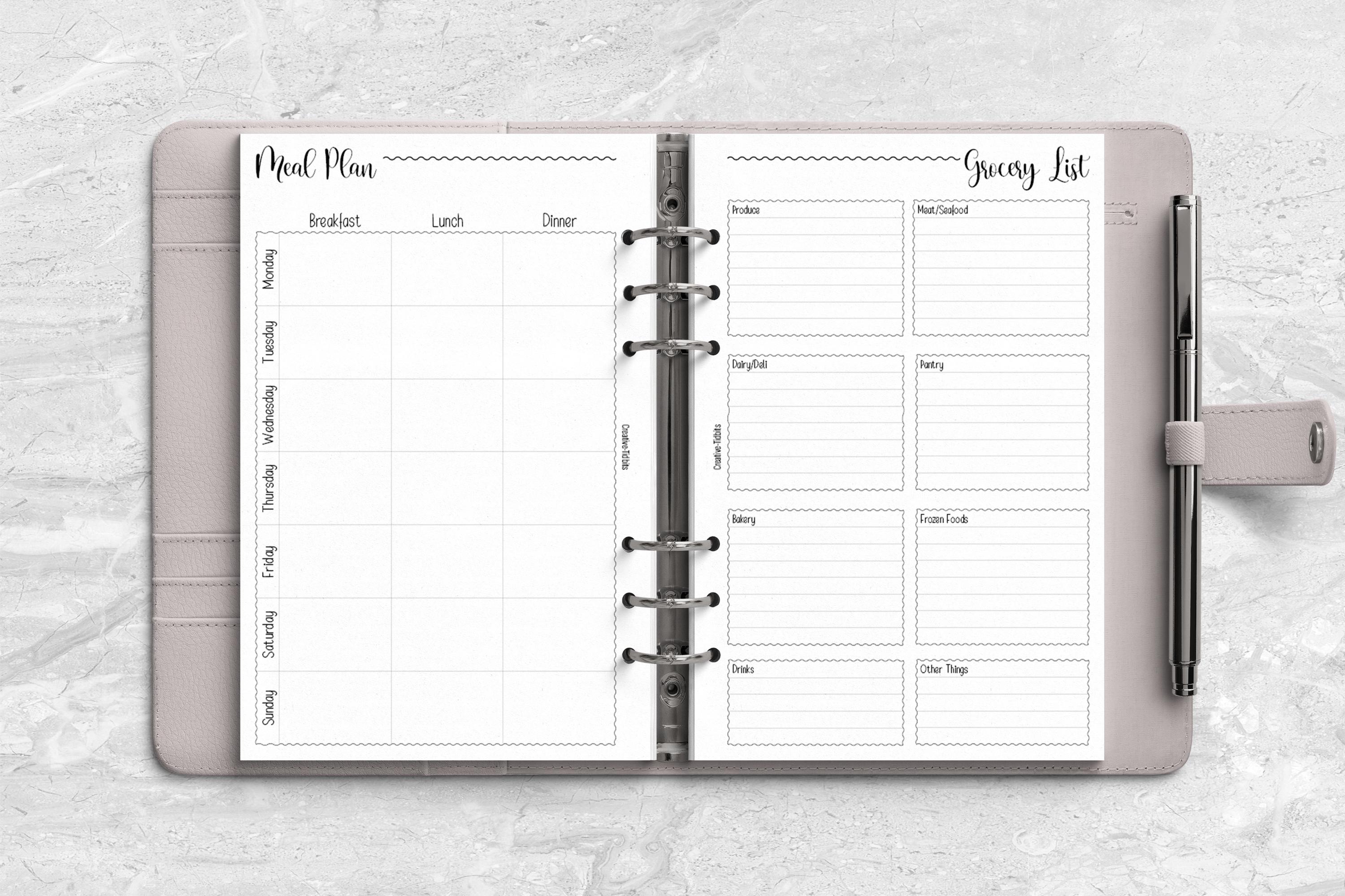 Meal Plan With Grocery List for Ring and Disc Bound Planner - Printed ...