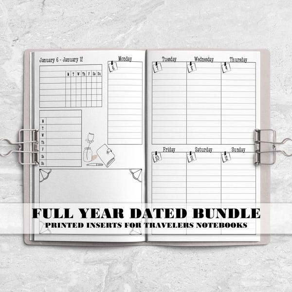 Printed Full Year Dated Inserts for Travelers Notebook Covers - Passport - Pocket - B6 - A6 - A5 - Standard - Cahier - B6 Slim - V-WO2P-0006