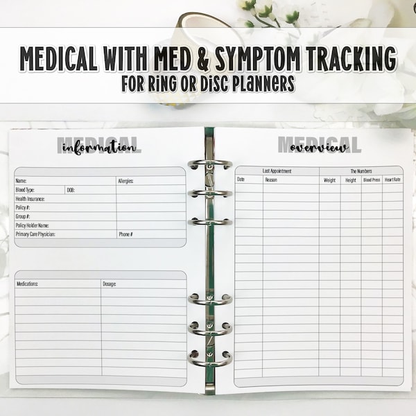 Medical Information with Medication, Symptom and Pain Level Tracker Printed Insert for Your Ring Planners - Disc Bound Planner Refill