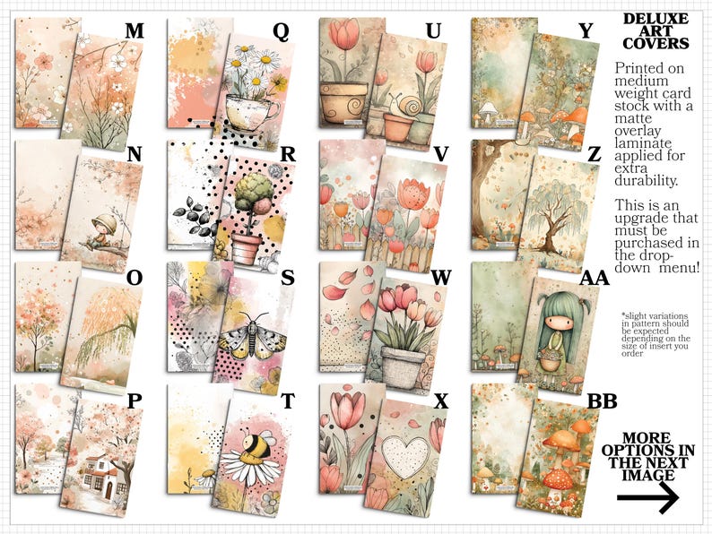 a collection of colorful and whimsical artworks, including illustrations of flowers, butterflies, and other nature-inspired elements. The artworks are arranged in a grid format, with each piece featuring a unique design and color scheme. The artworks are described as "Deluxe Art Covers" and "Printed on weight card stock with a mat that overlay laminate applied for extra durability."