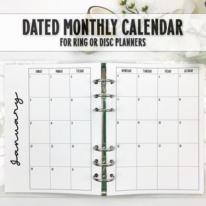 Dated Monthly Calendar for Ring or Disc bound Planner - Dated Monthly Calendar - Choose Your Year - DM-0003