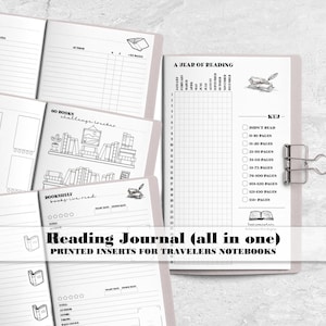 May include: A set of printed reading journal inserts for travelers notebooks featuring black and white layouts with sections for a reading log, monthly shelf tracker, book challenge, and a year of reading grid with a metal binder clip attached.