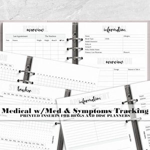 Información médica con seguimiento de medicamentos, síntomas y niveles de dolor. Inserto impreso para sus planificadores de anillos - Repuesto de planificador encuadernado en disco.