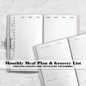 a planner and a planner book with the text, month meal plan and grocery list