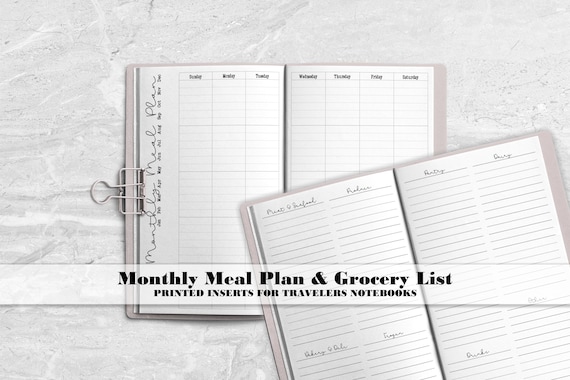 Monthly Meal Plan with Grocery List for Traveler's Notebook - Printed Travelers Notebook Insert -MP0007