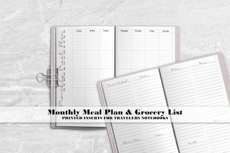 a planner and a planner book with the text, month meal plan and grocery list