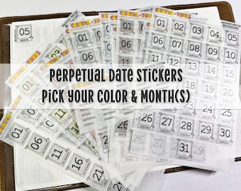 Perpetual Date Stickers for Journals and Planners Printed on Washi Style Paper - Choose Which Month & Color - Functional Stickers
