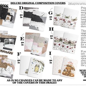 a collection of various composition covers, including printed materials and designs, as well as a note about the price of the covers.