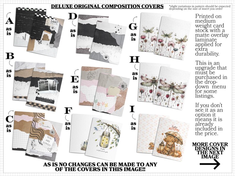 a collection of various composition covers, including printed materials and designs, as well as a note about the price of the covers.