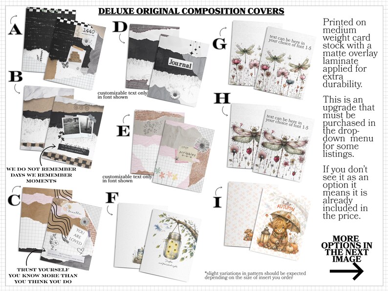The image is a collection of various composition covers, including custom-made text and illustrations, which can be used for different purposes such as scrapbooking, card making, or other creative projects.