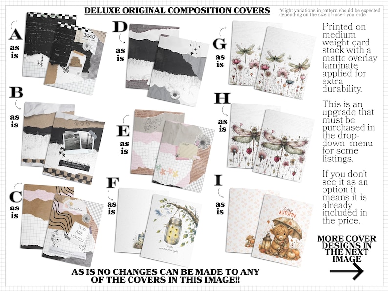 a collection of various composition covers, including printed materials and designs, as well as a note about the price of the covers.