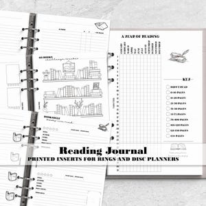 May include: A reading journal with printed inserts for ring and disc planners. The pages feature black and white layouts including a year of reading tracker, bookshelf challenge tracker, and book logs with sections for title, author, and rating.