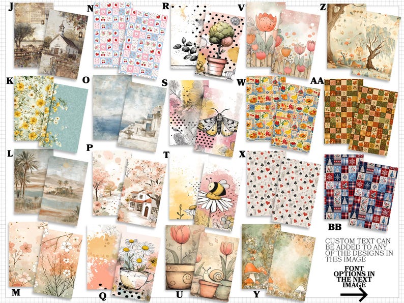 a collection of various artistic and decorative elements, including illustrations of flowers, houses, and geometric patterns. The text options in the image are customizable, allowing users to choose their preferred text for each design.
