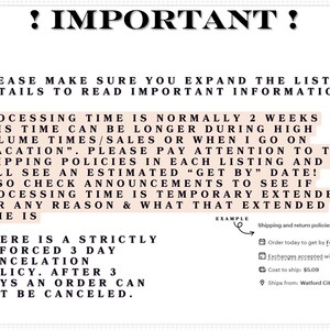 a list of instructions and information about shipping policies, including details about processing times, order policies, and shipping information.
