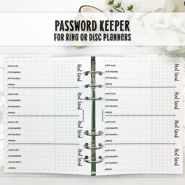 Password Keeper for Ring and Disc Bound Planners - Printed Planner Insert