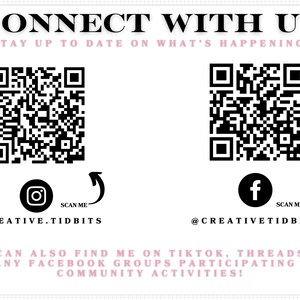 a QR code and a social media icon, along with text that encourages users to connect with Creative TidBITS and find them on platforms like Instagram, Twitter, and Facebook.