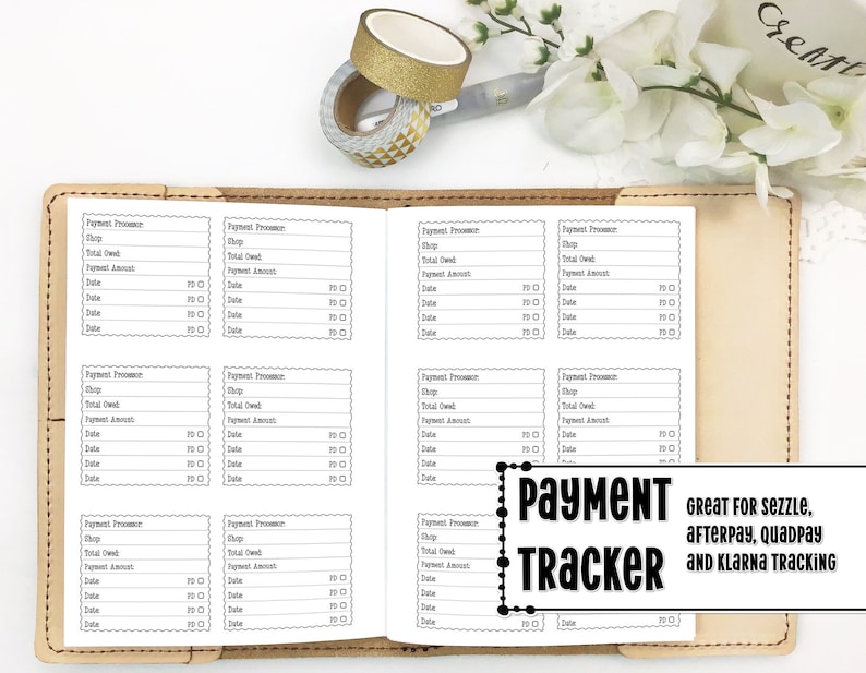 Payment Tracker Insert for Traveler's Notebook Covers - Printed Travelers Notebook Insert - Afterpay - Sezzle - Klarna - Quadpay 