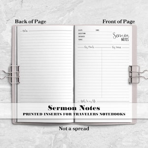 May include: Open notebook with lined pages, held together by silver binder clips. The left page is labeled "Back of Page" and the right page is labeled "Front of Page". The text "Sermon Notes" is displayed prominently, with additional text below.