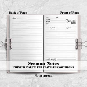 May include: An open notebook with white pages featuring black printed text and lines. The left page is labeled Notes with horizontal lines. The right page includes fields for Date, Location, Speaker, Topic, Key Points, Key Verses, and Apply to my life.