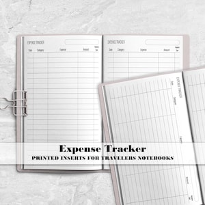 May include: Two open expense tracker booklets with white pages and black grid lines for recording date, category, expense, and amount. A silver metal binder clip holds the left booklet open. The text Expense Tracker is printed at the top.