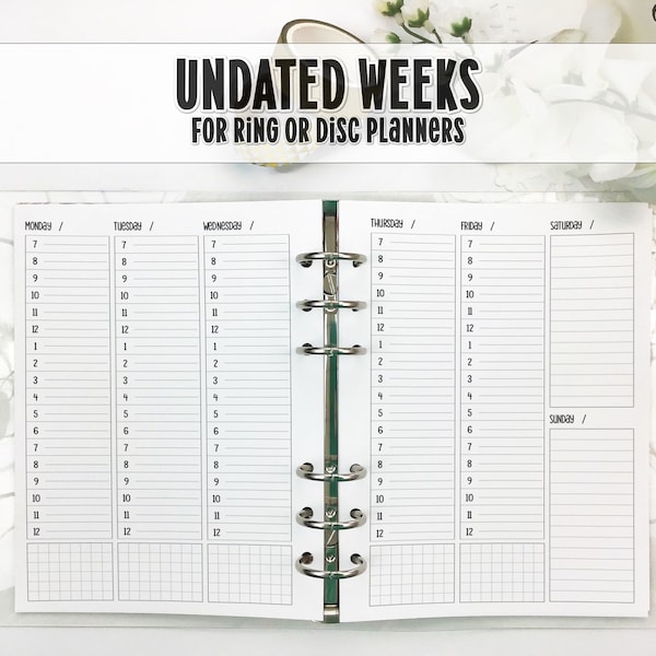 Vertical Week on 2 Pages with Hours -  Planner Insert - Ringed Planner Refill - Disc Planner Refill - V-0029