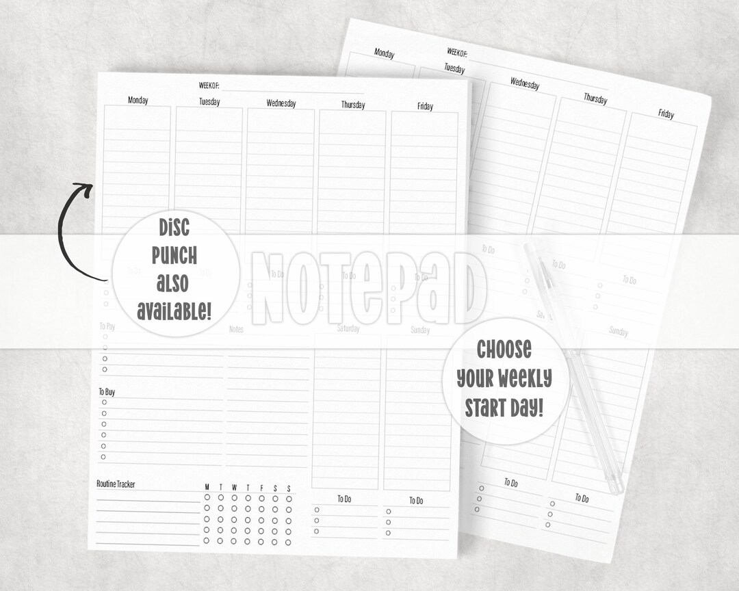Letter Size Weekly Planner Tear Away Notepad or Punched for Discbound ...