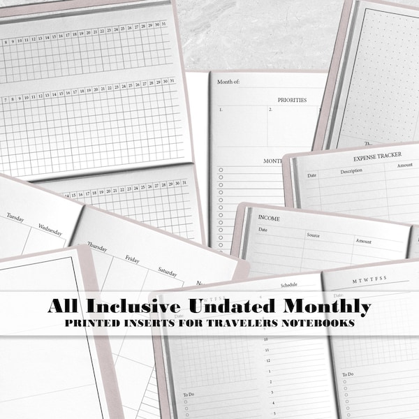 Undated All Inclusive Monthly Printed Insert - Printed Travelers Notebook Insert - AIO-0002