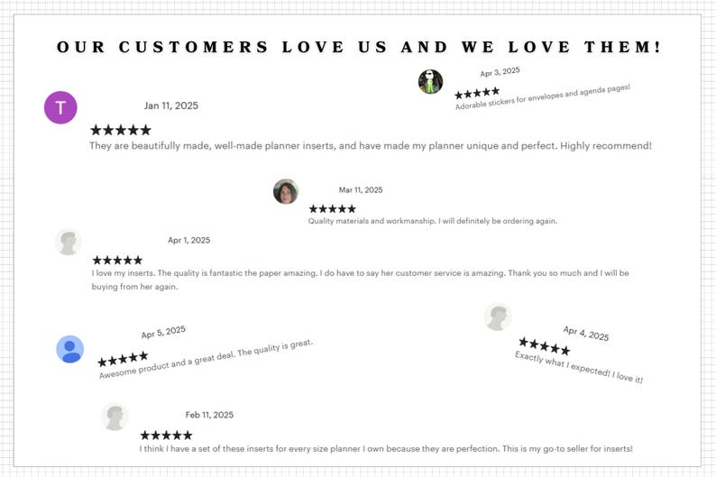 a collection of customer reviews for a product, specifically a planner. The reviews express customer satisfaction with the product, highlighting its quality, design, and ease of use. The reviews are organized into different sections, each featuring a different customer's opinion. The text in the image is clear and concise, focusing on the positive aspects of the product and the customer's experience with it.