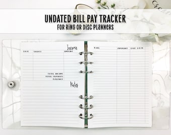 Undated Bill Tracker Insert for Ring and Disc Planners - Printed Planner Insert