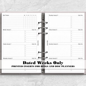 Dated Weeks Only Printed Insert for your Ring or Disc bound Planner - Choose your start month - DW0011