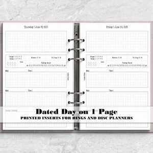 May include: A light gray ring-bound planner featuring white paper inserts with a grid layout for Thursday, June 19, 2025, and Friday, June 20, 2025. The pages include sections for tracking weight, energy, fasting hours, and daily meals with a silver pen.