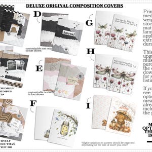 The image is a collection of various composition covers, including custom-made text and illustrations, which can be used for different purposes such as scrapbooking, card making, or other creative projects.