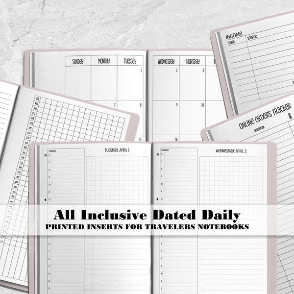 All Inclusive Dated Daily Printed Insert for Travelers Notebook Covers - Dated Day on 1 Page - Dated Monthly Calendar