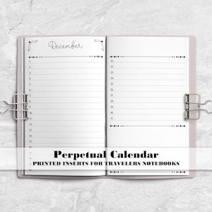 Perpetual Calendar for your Traveler's Notebook -  Printed Travelers Notebook Insert