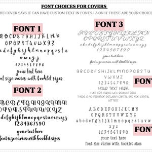 a collection of different font choices for covers, including various font styles and sizes. The text on the image suggests that the cover can have custom text in different fonts, and the user has the option to choose their preferred font style and size. The image does not contain any redundancy or vague descriptions, and it focuses on providing clear information about the font choices available for covers.