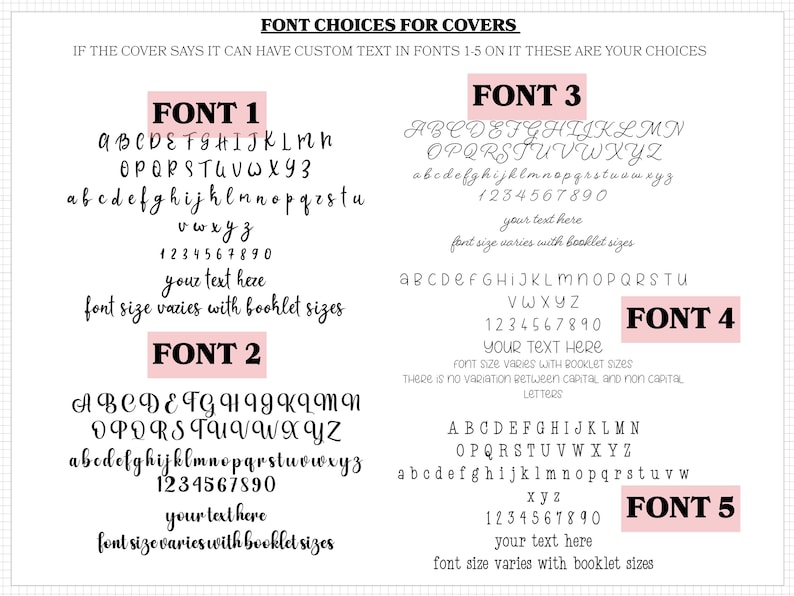 a collection of different font choices for covers, including various font styles and sizes. The text on the image suggests that the cover can have custom text in different fonts, and the user has the option to choose their preferred font style and size. The image does not contain any redundancy or vague descriptions, and it focuses on providing clear information about the font choices available for covers.