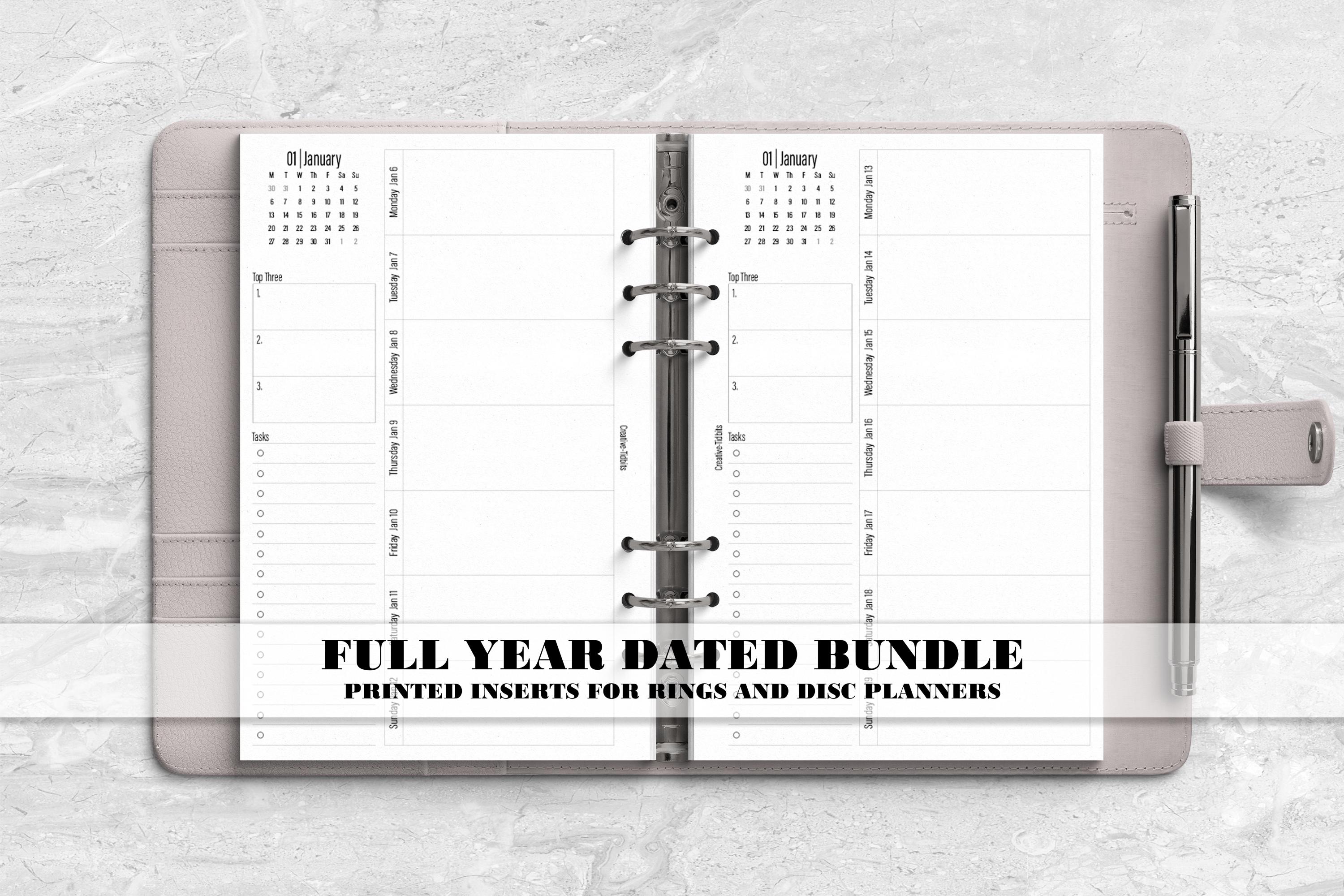 Printed Full Year Dated Months and Weeks Planner Insert for Ring
