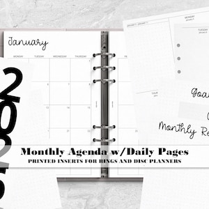 May include: A planner insert set featuring a January 2026 calendar, daily pages, and sections for goals and monthly recaps. The white pages have black text and are designed for ring or disc planners.
