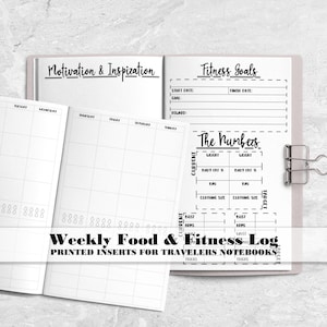 May include: A set of printed paper inserts for a traveler's notebook featuring a weekly food and fitness log. The pages include sections for Motivation & Inspiration, Fitness Goals, and The Numbers, with grids for tracking daily meals and exercise.