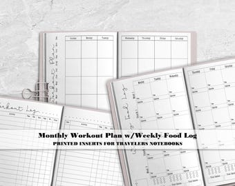 Workout Planner with Log for both Workouts and Food  -  Printed Travelers Notebook Insert-FFT0005