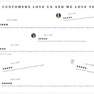 a collection of customer reviews and feedback for a product, specifically a planner. The reviews express appreciation for the quality and uniqueness of the planner, as well as the customer service provided. The reviews are dated from different months, including April, May, and February, and they all have five-star ratings. The image is a collage of these reviews, highlighting the positive experiences and satisfaction of the customers.