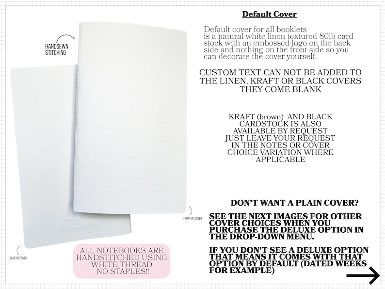 a blank white notebook cover with a plain white texture, available in various sizes and with or without a cover. The cover is blank, allowing for customization of the cover.