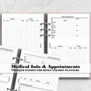 Medical Information with Appointments Insert for Ring and Disc Bound Planners - Printed Planner Insert