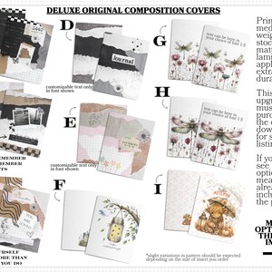The image is a collection of various composition covers, including custom-made text and illustrations, which can be used for different purposes such as scrapbooking, card making, or other creative projects.