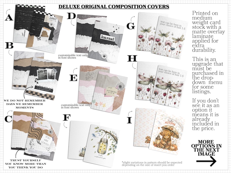 The image is a collection of various composition covers, including custom-made text and illustrations, which can be used for different purposes such as scrapbooking, card making, or other creative projects.