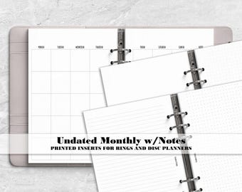 Undated Monthly with Notes Insert for Ring or Disc Bound Planners - Printed Planner Insert