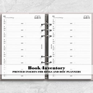 Book Inventory Log Insert for your Ring or Disc Planner - Printed Insert -Home Library