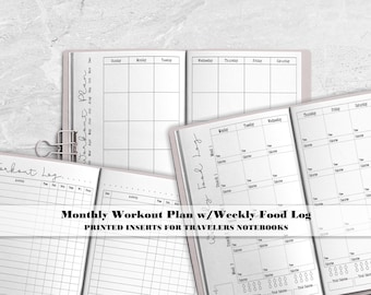 Workout Planner with Log for both Workouts and Food  -  Printed Travelers Notebook Insert-FFT0005