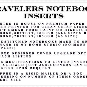 a list of features and specifications for a travelers' notebook, including details about the notebook's size, paper quality, and additional inserts.