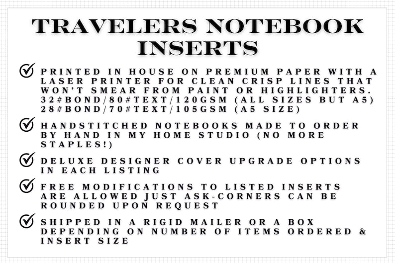 a list of features and specifications for a travelers' notebook, including details about the notebook's size, paper quality, and additional inserts.